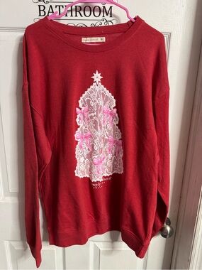 Simply Southern Red Crewneck Sweater with White Lace Tree and Pink Bows